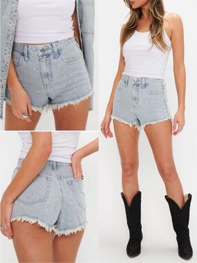 NEW Show Me Your Mumu Scottsdale Denim Shorts Rhinestone Fray High Rise